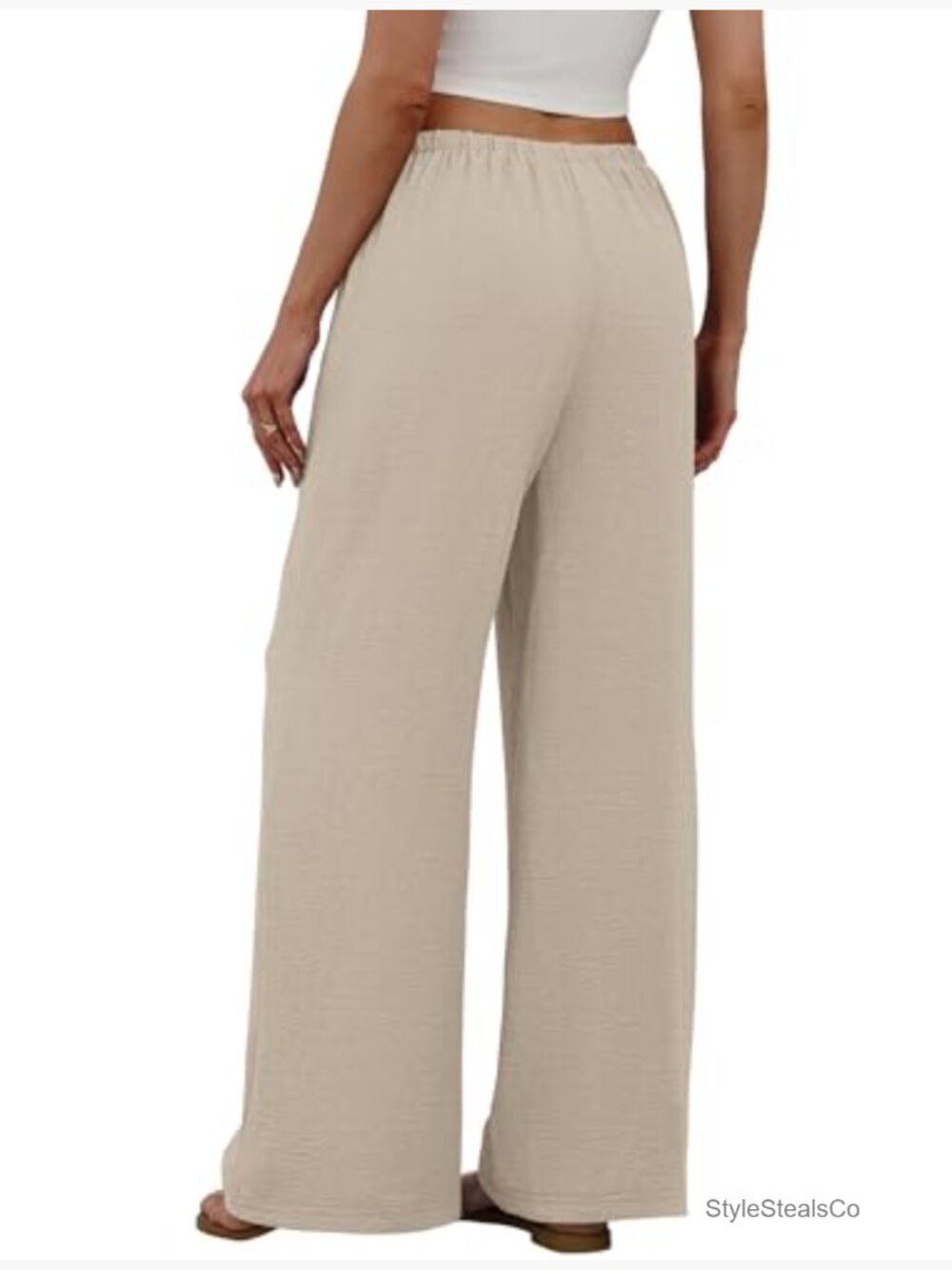Wide Leg Palazzo Pants with Pockets Flowy Drawstring Elastic Waist Trousers - Picture 5 of 7